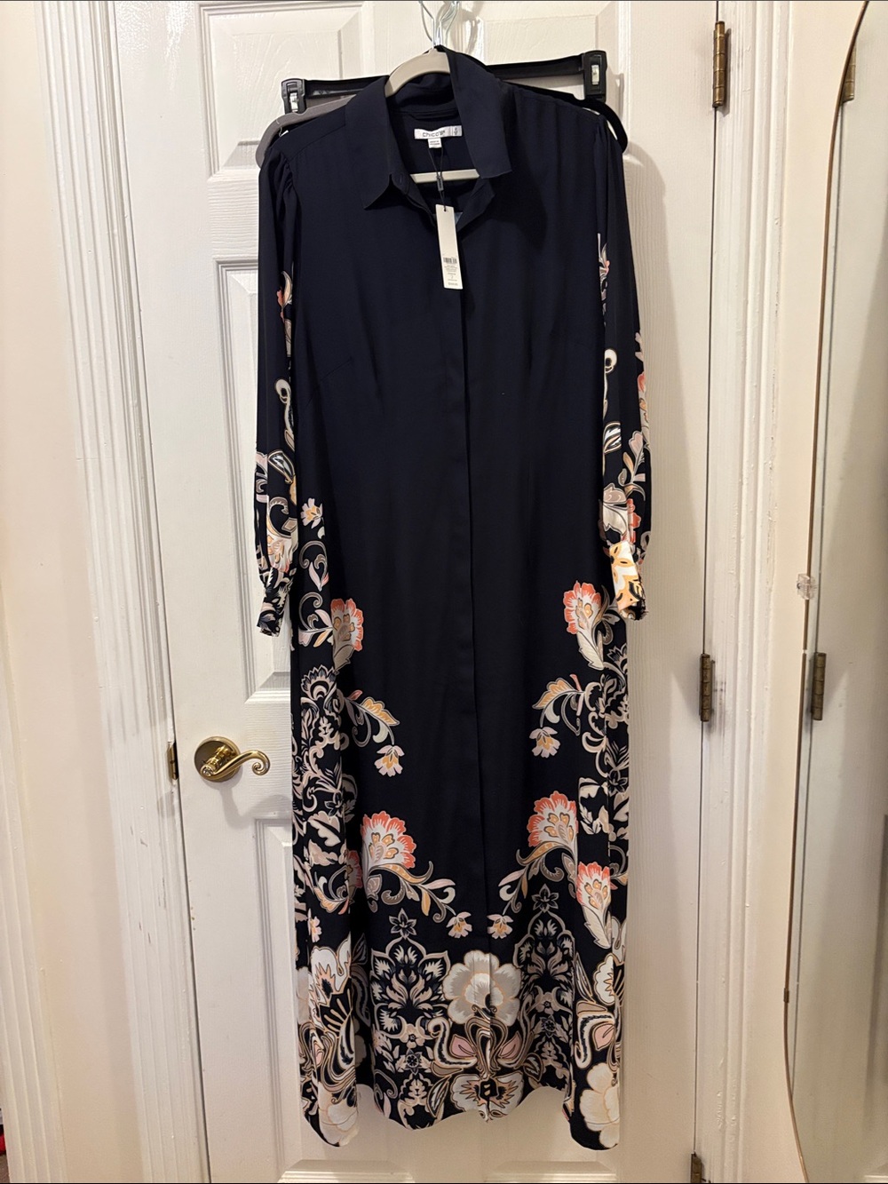 Chico's Navy Maxi Shirt Dress with Pink & Cream Floral Trim